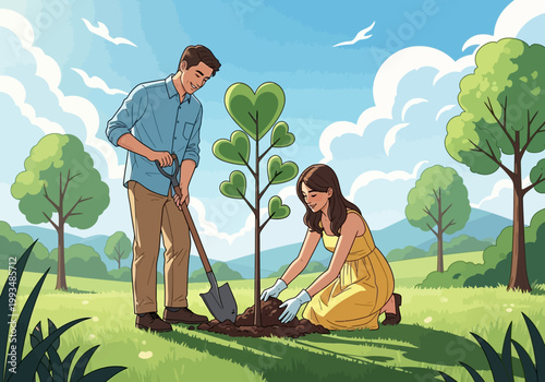 Couple planting tree with simple leaf shapes in a green field outdoors together
