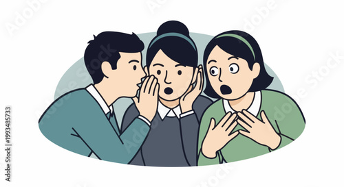 Three people whispering secrets, one person expressing shock and surprise