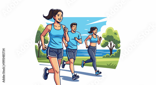Three people jogging in a park on a sunny day