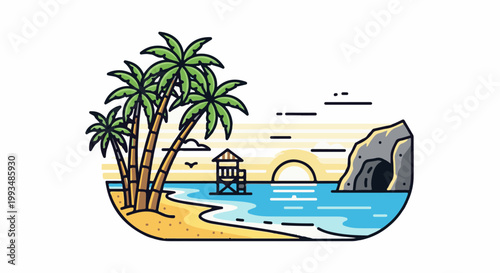 Tropical island scene with palm trees, beach, lifeguard hut, and ocean cave