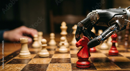 Robotic Hand Placing Red Chess Piece in Strategic Game of Artificial Intelligence
