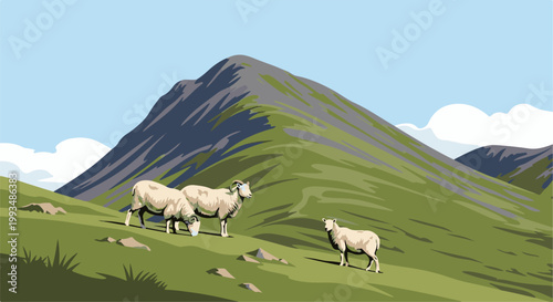 Three sheep graze on a grassy hillside below a majestic, layered mountain under a pale blue sky