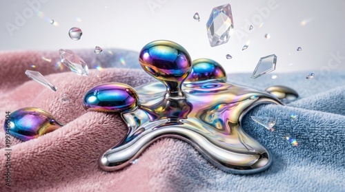 Hyper-realistic close-up of iridescent liquid mercury spheres melting into soft pastel velvet fabric. Floating translucent crystal fragments catching studio light on a clean white background.