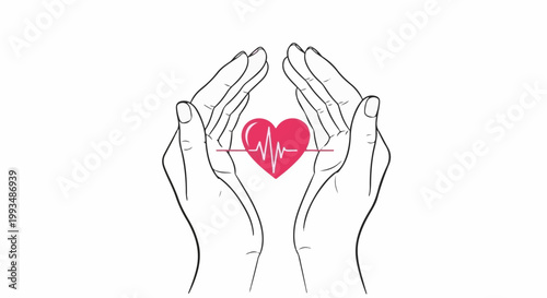 Two cupped hands gently holding a pink heart with a cardiogram