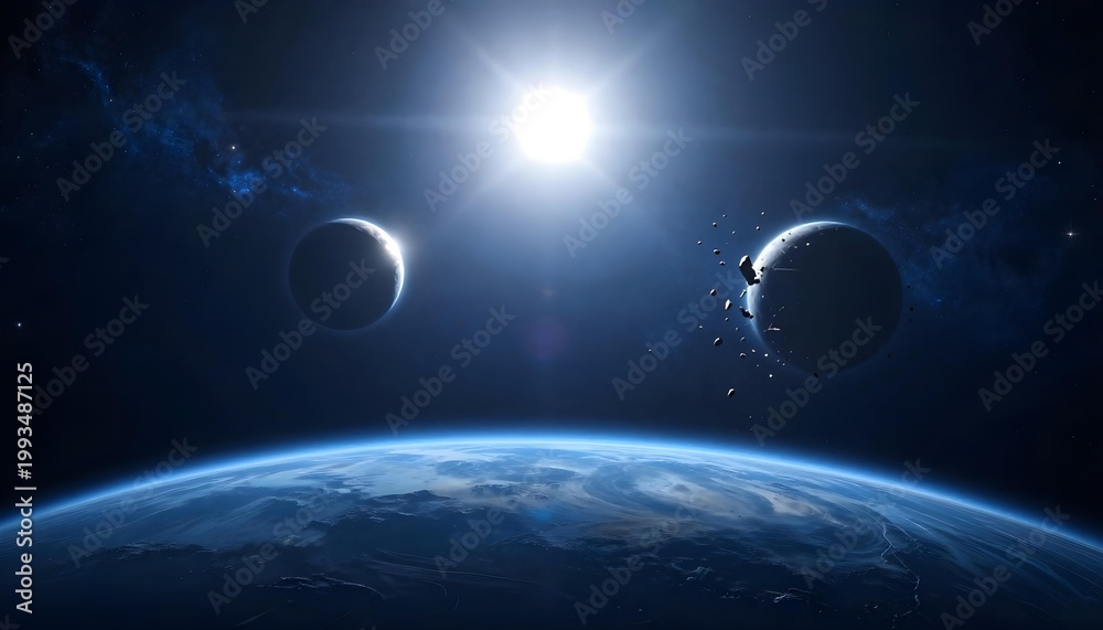 Fototapeta premium Vast cosmic vista with planets, asteroids, and a bright star in deep space
