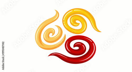 Three vibrant, glossy swirls in orange, yellow, and red, forming a dynamic abstract design