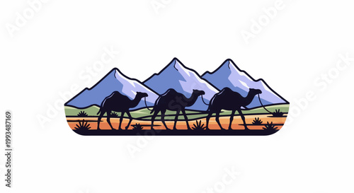 Three silhouetted camels trek across a desert landscape with mountains in the background