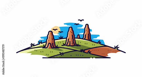 Stylized landscape with pointy rock formations, birds, and sun
