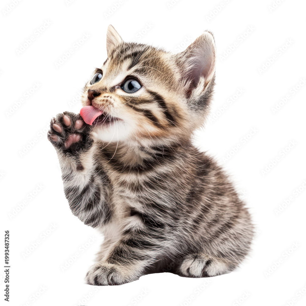 Obraz premium A curious tabby kitten with a pink tongue licking its paw.