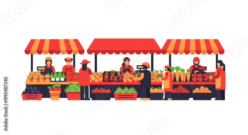 Vibrant outdoor market stalls with fresh produce and vendors