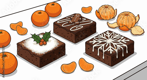 Three square brownies topped with festive designs, surrounded by whole and peeled mandarins