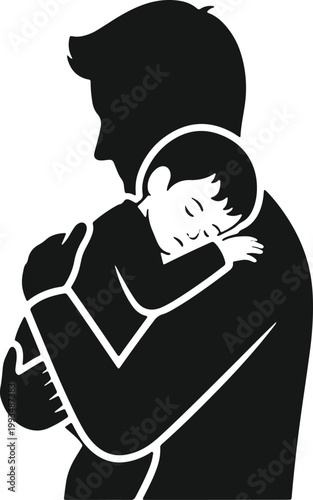 Father holding sleeping child in his arms.