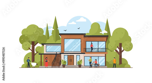 modern house with people and trees in a suburban setting illustration
