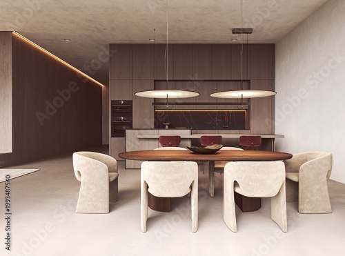 Oval wooden dining table and chunky beige chairs in modern scandinavian interior mockup template