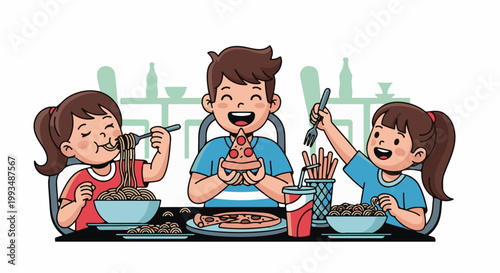 Three children happily eat pizza and pasta at a table