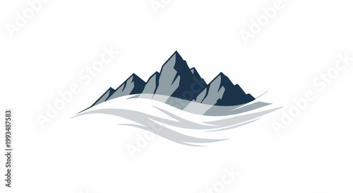 Stylized mountain peaks rise above snowy slopes in a minimalist design