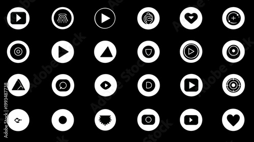 Variety of white graphic user interface icons including play, security, and navigation elements on a dark background.