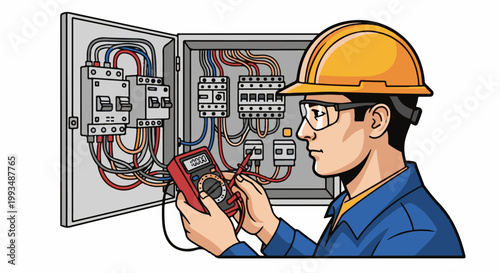 Technician examining electrical panel with multimeter, wearing hard hat and safety glasses