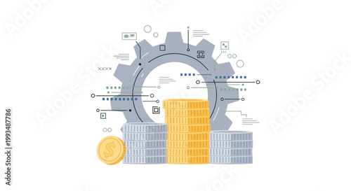 Automated financial technology concept with gears and stacked coins