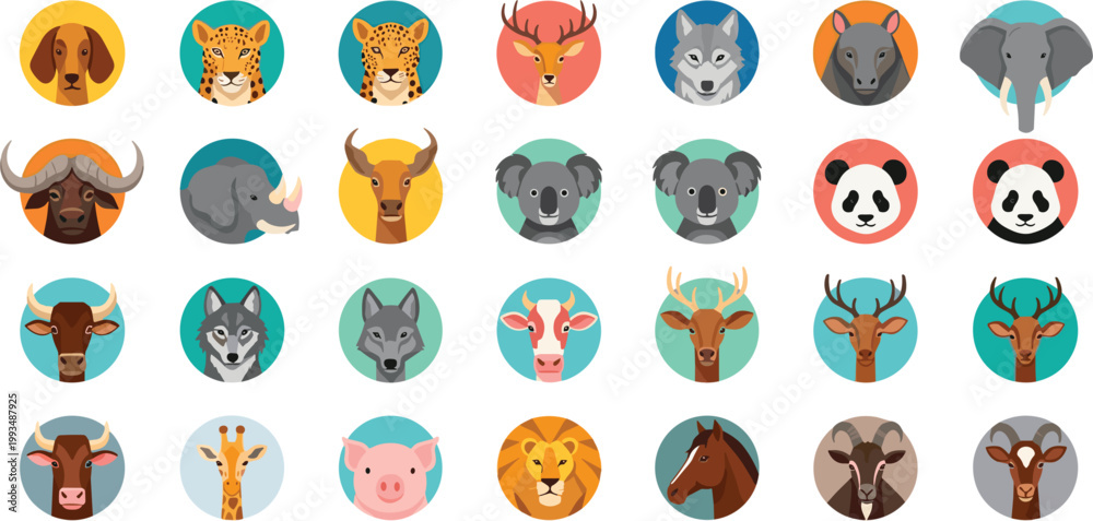 Obraz premium Large Collection of Colorful Flat Design Animal Avatar Icons Featuring Wildlife and Domestic Species for Mobile Apps, Educational Materials, Web UI, and Digital Graphics