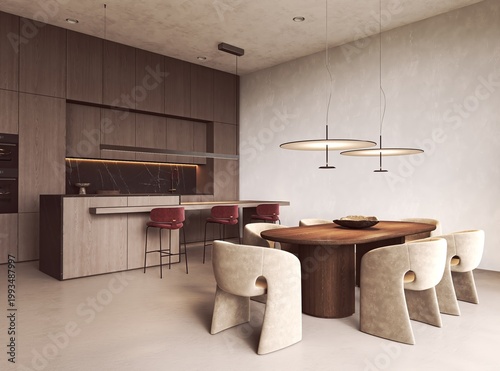 Beige upholstered chairs and oval wooden dining table in minimalism contemporary kitchen mockup template