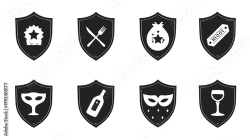 Set of eight black shield icons with white symbols for quality, food, drink, party, discount, and awards. Vector graphic elements.