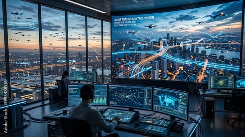 A man sits in front of multiple computer monitors displaying a futuristic air traffic control system with a cityscape and flying drones visible through the windows at dusk