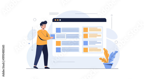 Man organizing digital data on a computer screen, website development, UI design