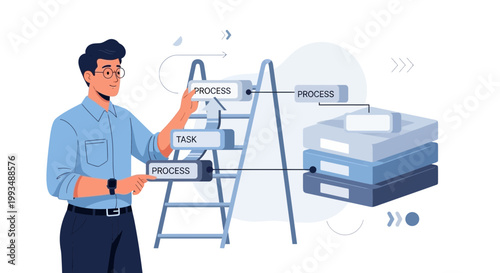 Man organizing business processes on a ladder, workflow management concept