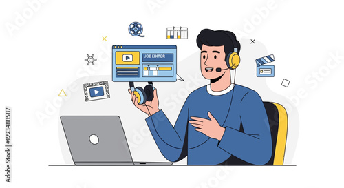 Video Editor Working on Laptop with Editing Software Interface and Headphones