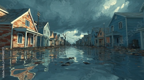Residential flood scenario: 3D rendered houses, inundated street, moody sky