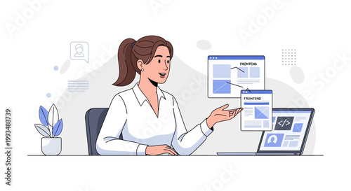 Woman developer presenting website design and coding on laptop, UI UX design