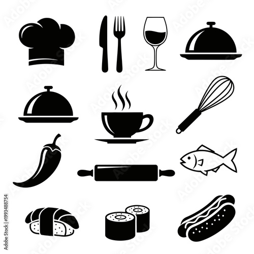 Black and white kitchen utensils and food icons