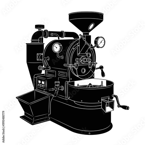 Black and white illustration of a coffee roasting machine