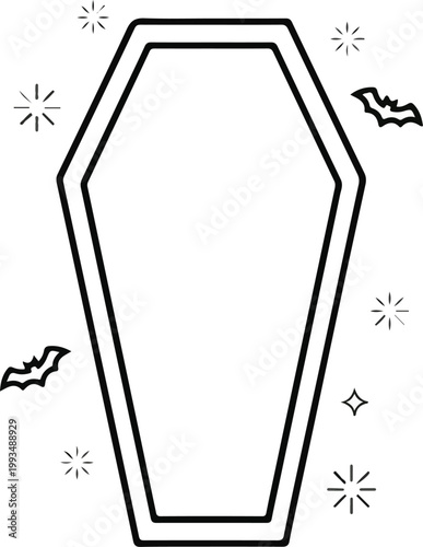 Minimalist Halloween coffin icon with bats and magic sparkles, modern linear burial casket illustration isolated on white background.