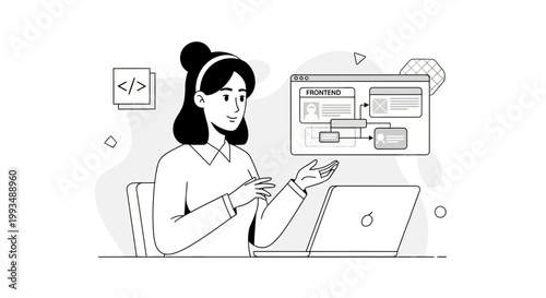 Woman programmer working on frontend development with laptop and flow chart