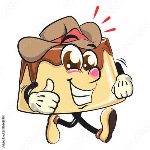 cute caramel pudding mascot character walking with wearing a cowboy hat smiling, dessert cartoon vector illustration isolated, work of hand drawn