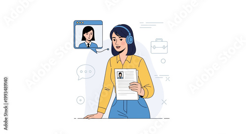 Woman with Headphones and Resume during Online Job Interview