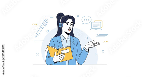 Woman with headphones holding book, online education, remote work, e-learning, communication concept