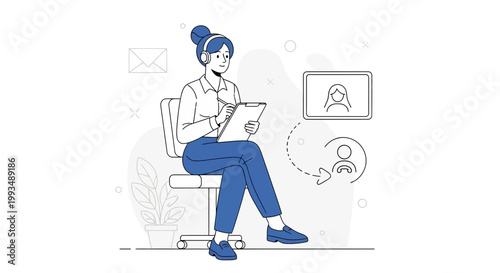 Woman with headphones and tablet, online communication, remote work, digital meeting concept