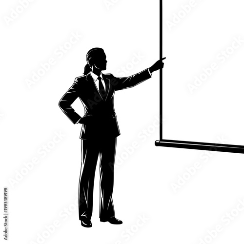 Businesswoman in black silhouette pointing at a blank whiteboard