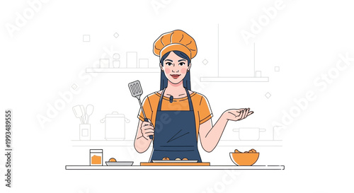 Woman chef in apron and hat cooking in kitchen, holding spatula, preparing food