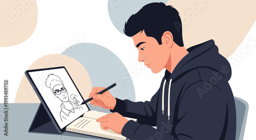 Young man drawing caricature on tablet, digital art, creative process, illustration