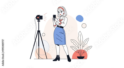 Woman filming herself with smartphone and professional camera on tripod, modern illustration
