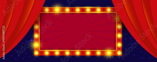 Empty red theater stage frame with bright marquee lights and open silk curtains on a dark blue starry background. Festive show banner