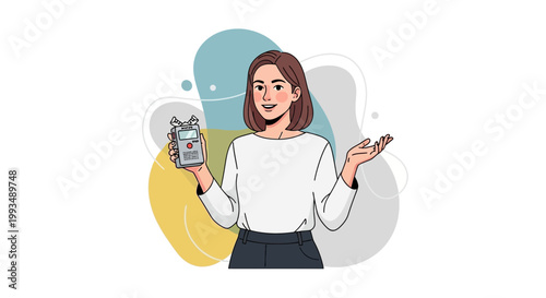 Woman holding portable audio recorder, podcasting, content creation, modern illustration