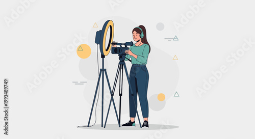 Woman filming with professional camera and ring light, vlogging setup