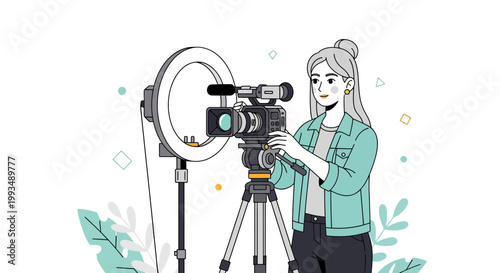 Woman filming with professional camera and ring light, vlogging setup