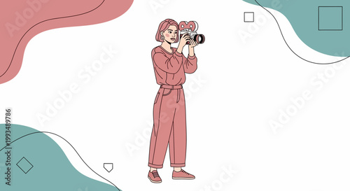 Woman filming with vintage camera, creative concept, pastel colors, abstract shapes background