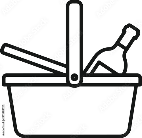 Picnic basket with bottle inside, portable container for food and drink for outdoor trip.